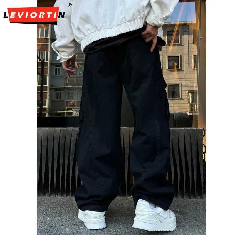 Retro mens straight leg pants 100% pure cotton wide cargo pants casual bag large pocket umbrella cavalry streetwear W241009