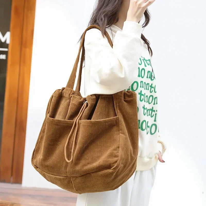 Simple casual handbag Corduroy shoulder bag for teenage students womens large drawstring handbag womens shopping bag 241008