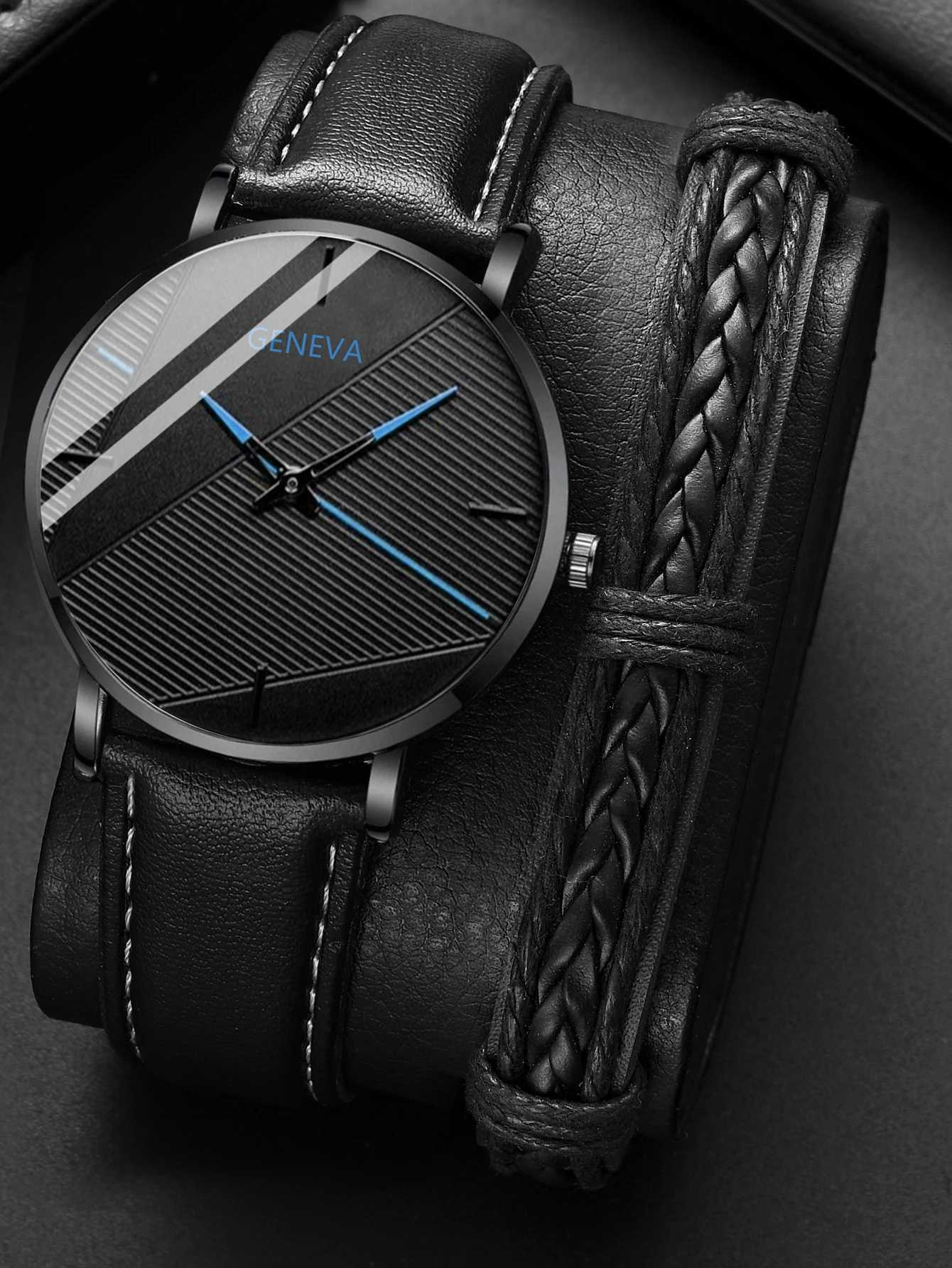 Watch + Bracelet 2023 Minimalist Mens Fashion Ultra Thin Watches Simple Men Business PU Leather Strap Quartz WatchX241010