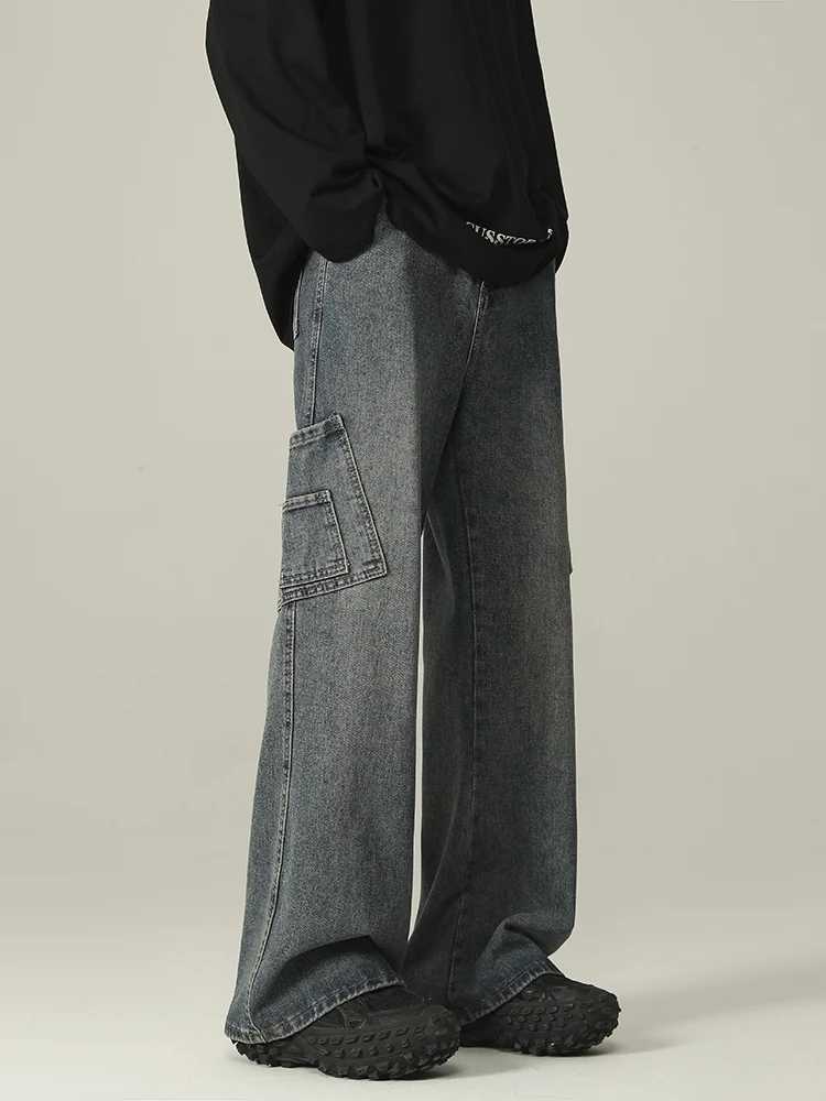 Mens Fashion Patchwork Jeans Korean Straight Vintage Classic Denim Pants Elastic Waist High Street Trousers Male Trendy BrandX241009