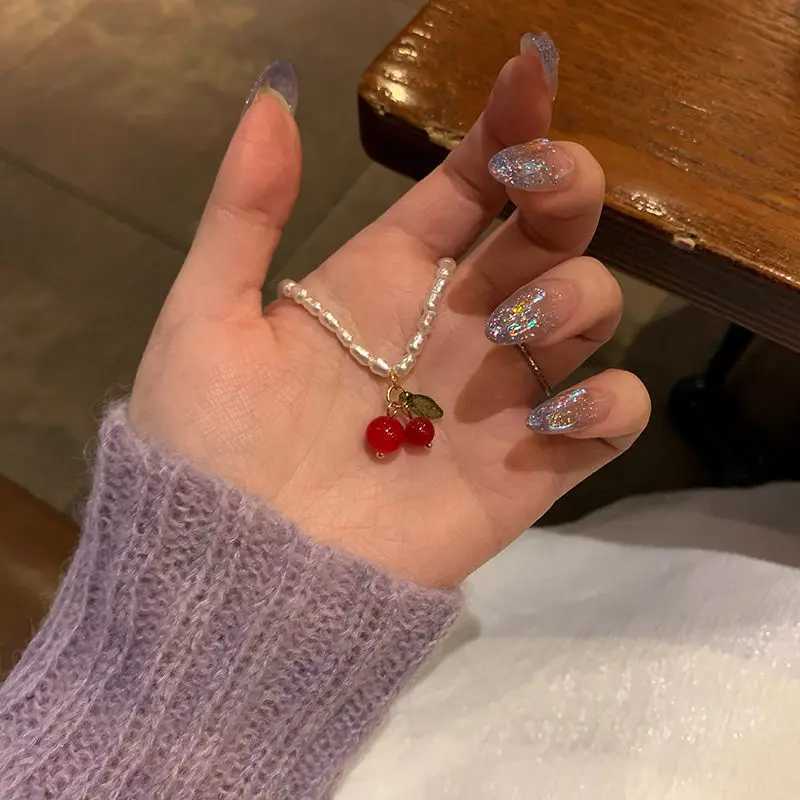 Kiss Jewelry Kpop Summer Red Cherry Leaf Pendant Pearl Beaded Necklace for Women Y2K Korean Fashion Sweet Choker 2023 TrendyX241009