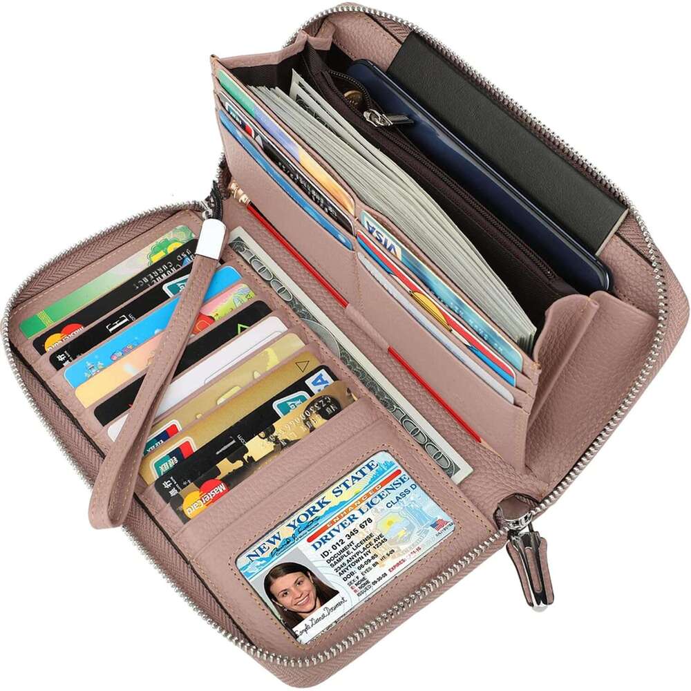 Women's RFID Blocking 100% Leather Large Capacity Zip Around Wallet Phone Holder Clutch Travel Purse Wristlet