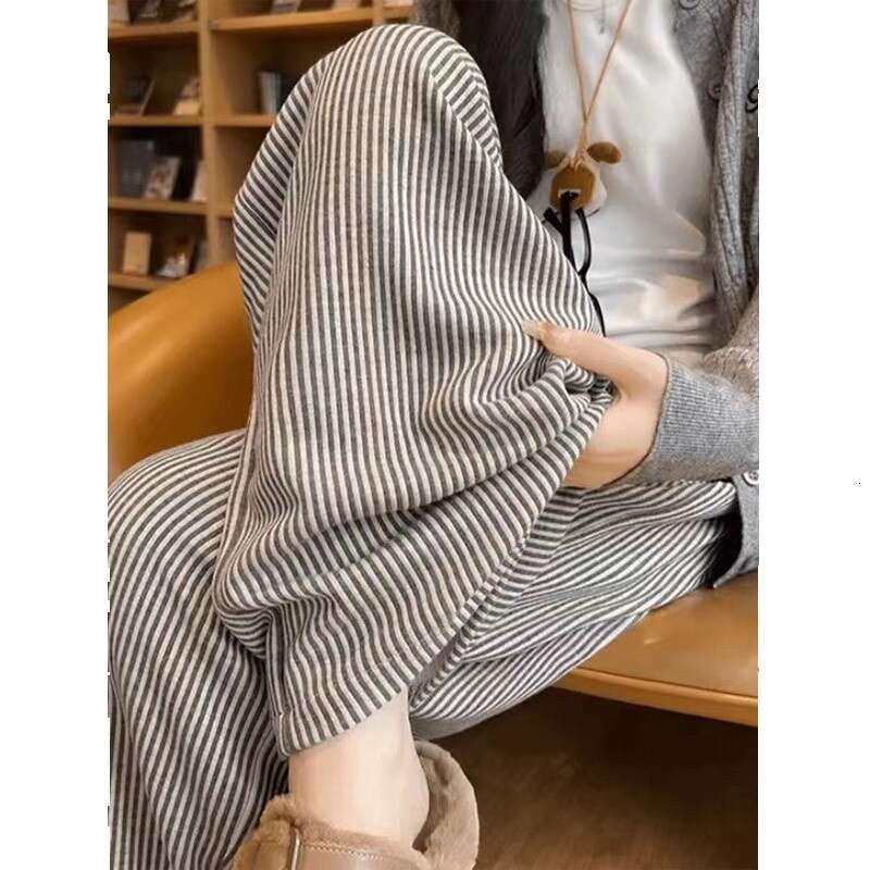 Grey Striped Glutinous Rice for Women in Spring Autumn 2024 New High Waisted Drooping Feeling Soft and Loose Lazy Style Casual Wide Leg Pants