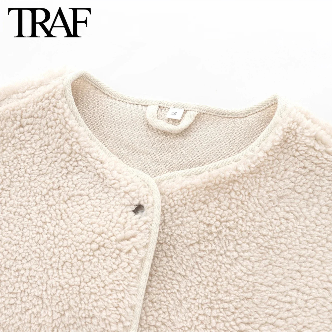 TRAF Women Fashion Autumn Winter Coat Jacket Long Sleeved Single Breasted Round Neck Fleece Coats Chic Ladies Tops Mujer 240930