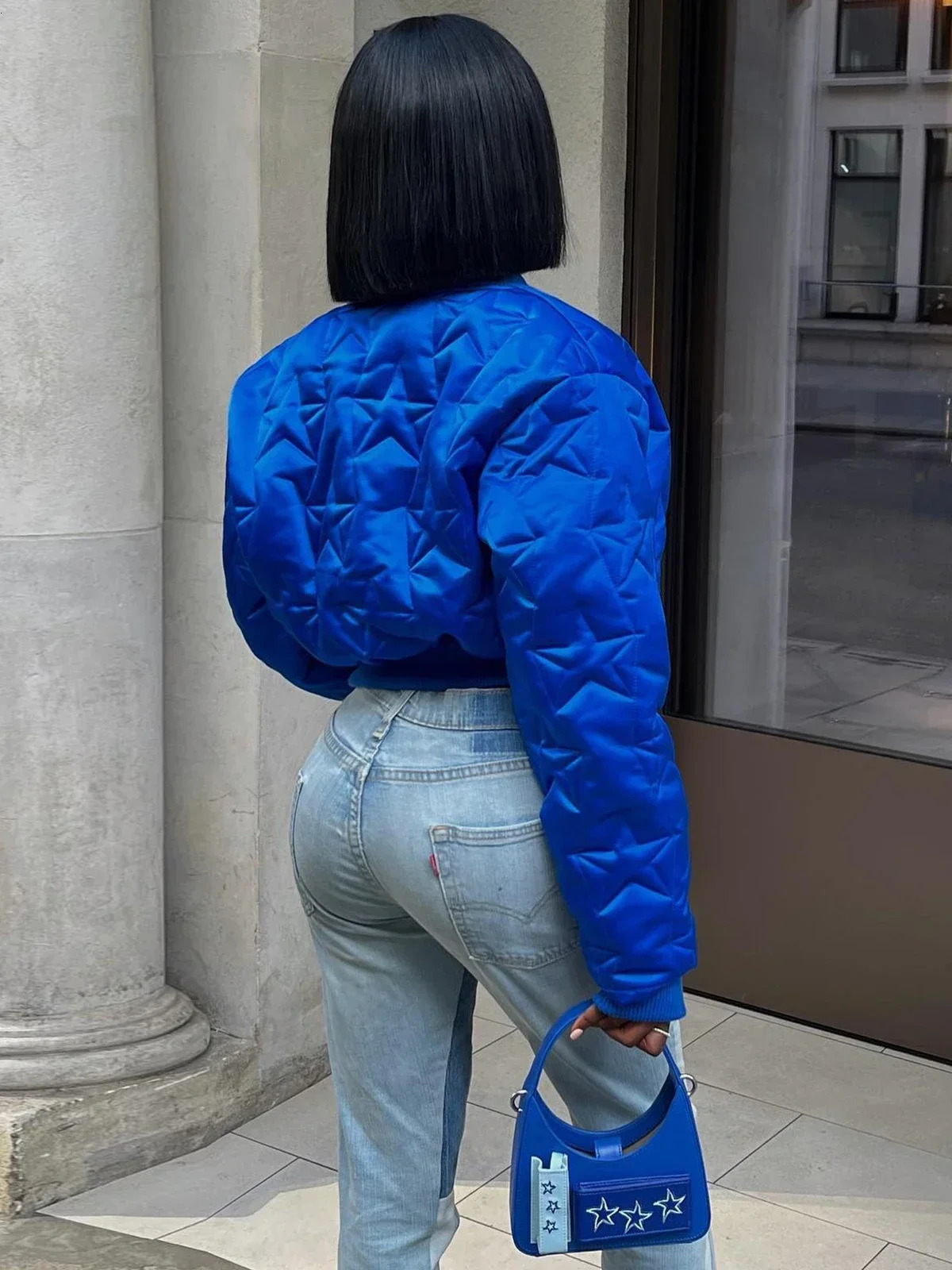 Womens Fashion Long Sleeve Zipper Short Quilted Coat Autumn Winter Cotton Padded Stars Bomber Jacket 2024 Girls Varsity 240930