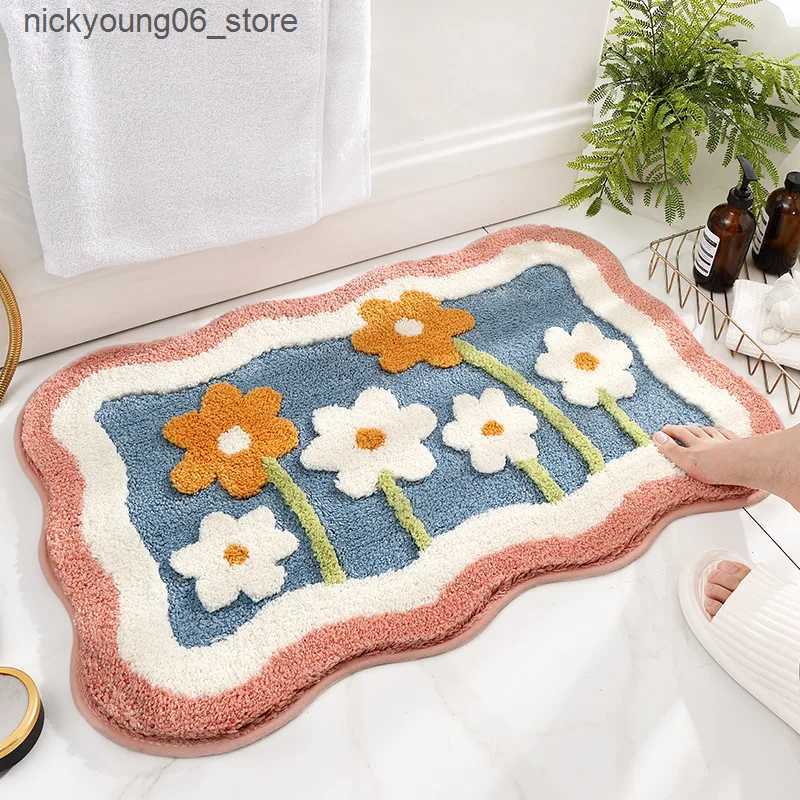 Non-Slip Bath Mats Inyahome Farmhouse Bathmat Floor Runner Rug Floral Shape Bath Mats Non-Slip Modern Carpet Washable Floor Mats L240910