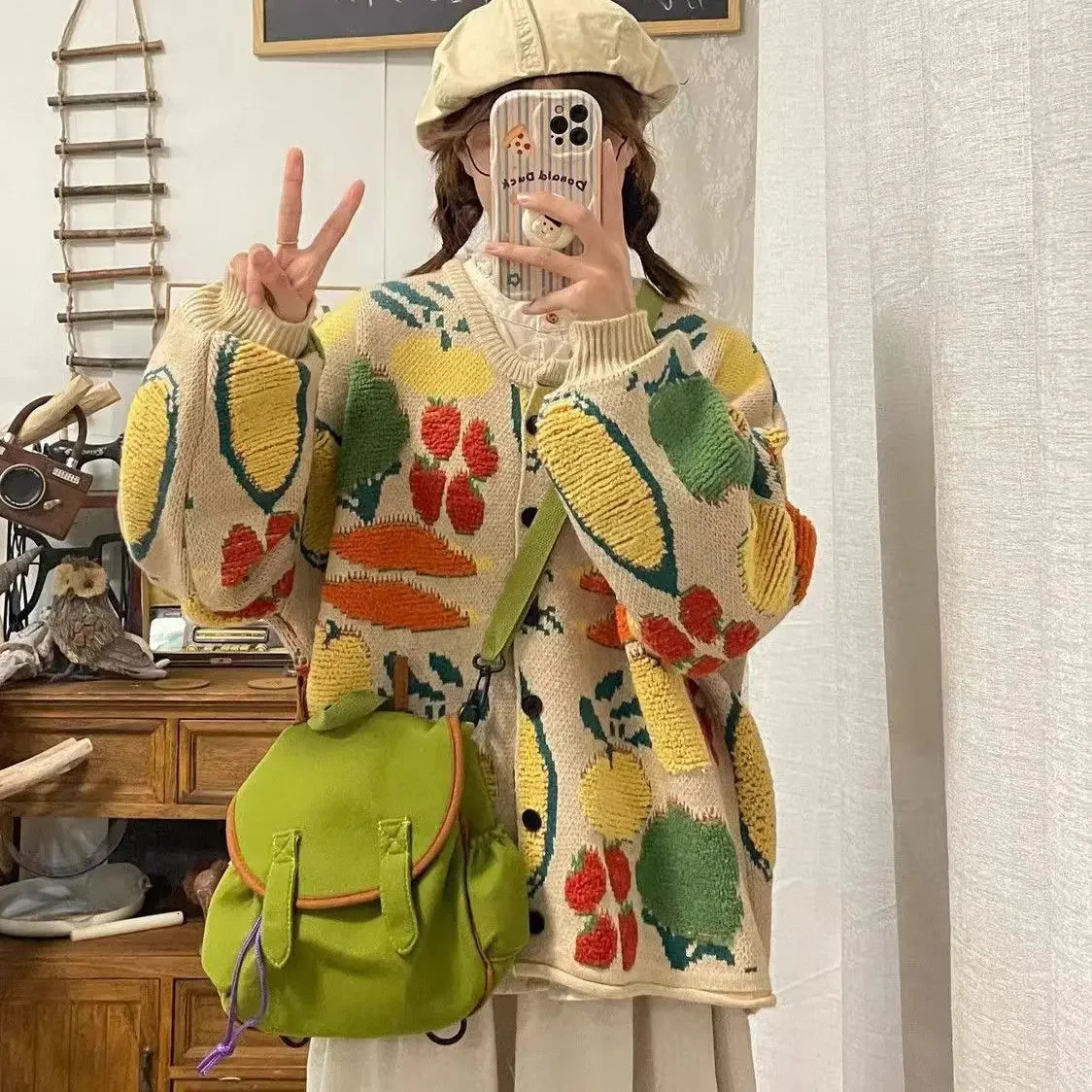 Heavy industrial jacquard sweater womens clothing spring and summer style lazy retro loose casual knitted cardigan top 241007