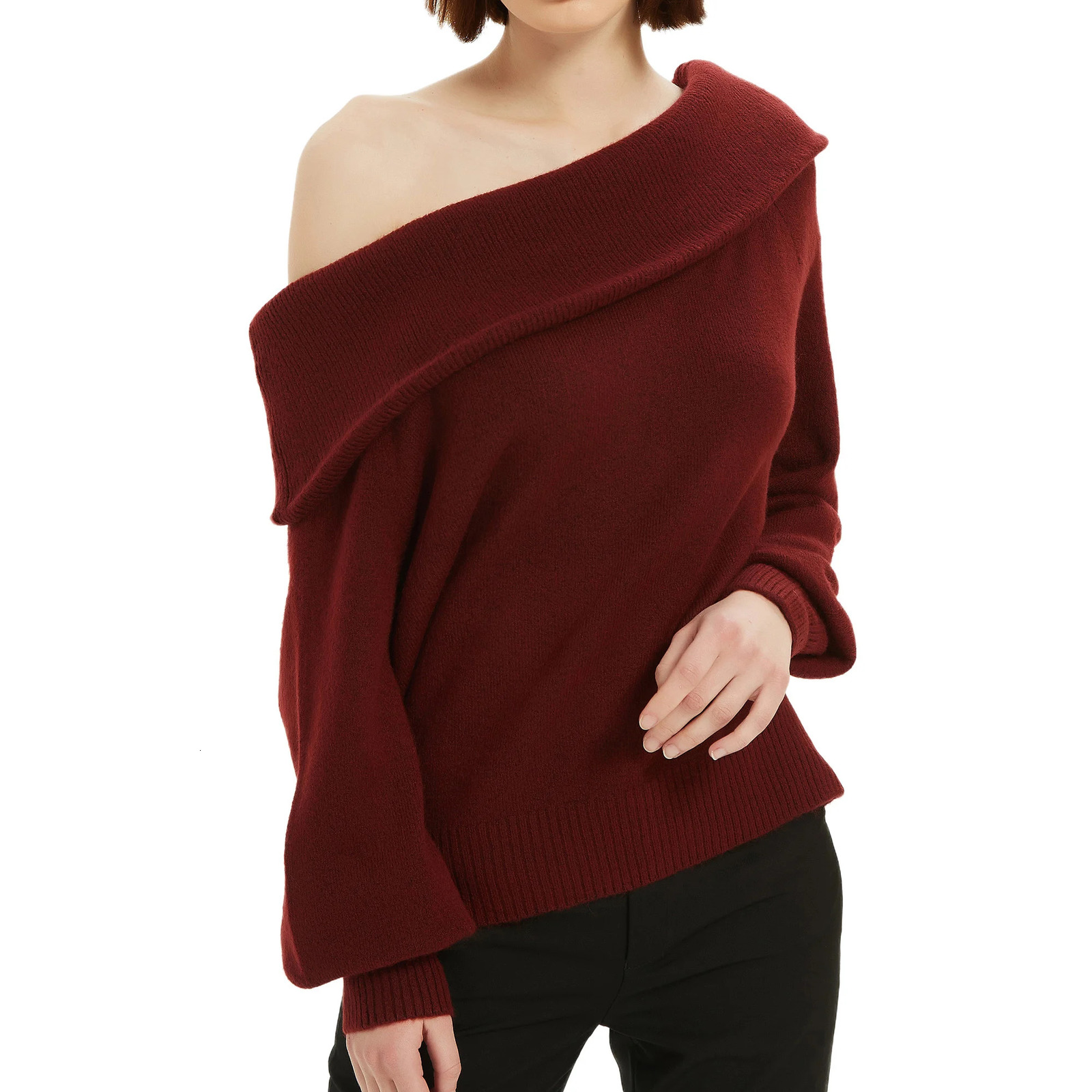 Fluffy shoulder sweater for women fashionable skydiver floral knit Burgundy gray beige 240927