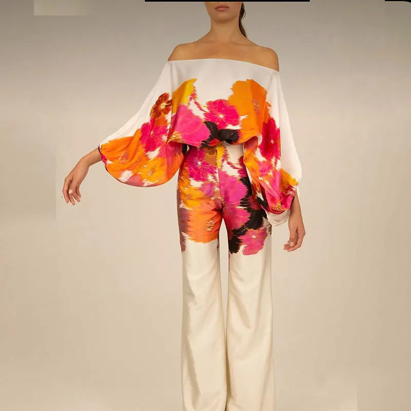 Womens shoulder twopiece pants set long sleeved striped print highend office womens spring matching 241008