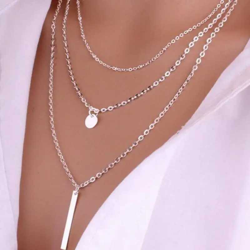 Hot Jewelry New Copper Bead Chain Sequin Metal Strip Necklace Multi-layer Round Piece 1 Word Necklace ChokerX241009
