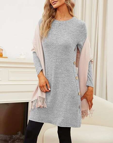 2024 long sleeved low round neck button up side dress with pockets womens clothing