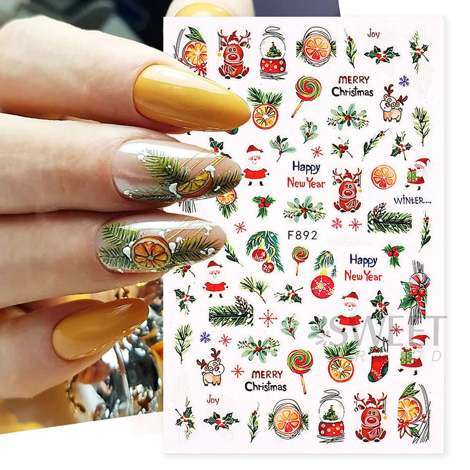Holly Christmas Nail Stickers Geometric Orange Cartoon Christmas Bird Year Decoration Tips 241008