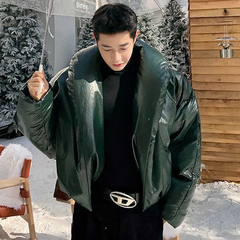 Men's Down Parkas IEFB American style mens PU leather down jacket solid color new trend mens park niche design cotton coat 2024 winter 9C4005 Y24