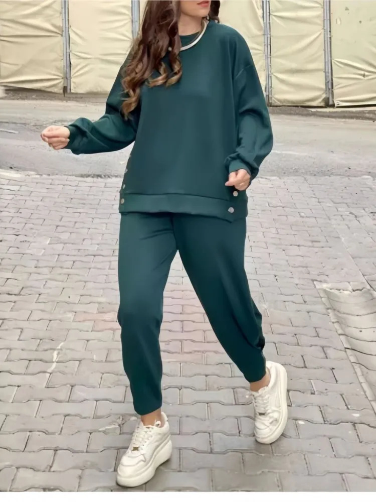 Casual sports style pants set womens solid color button up sweatshirt Trouser twopiece sportswear 241008