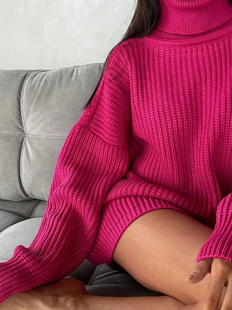Thick and warm knitted sweater for autumn winter women loose fashionable solid color high neck casual bottom cotton elastic 241007