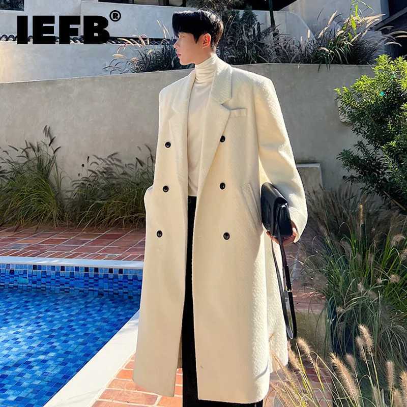 IEFB Men Woolen Coat Autumn Winter Korean Fashion Versatile Thickened Double Breasted 2023 Solid Color Male Trench Overknee LX241010