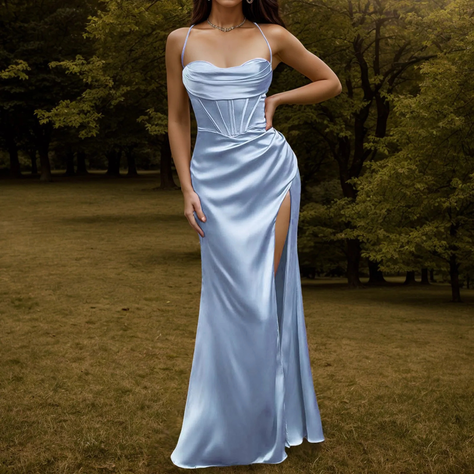 Italian shoulder strap satin corset womens evening dress Vestidos fishbone push up elegant womens tight corset party long dress 241007
