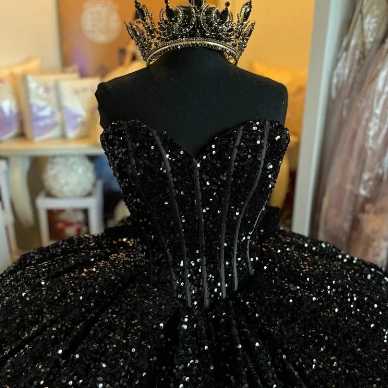 Black Shiny Sweetheart Quinceanera Dresses Off Shoulder Sequined Beads Chapel Train Corset Party Birthday Vestido De 15 Anos Sweet 16 Dress