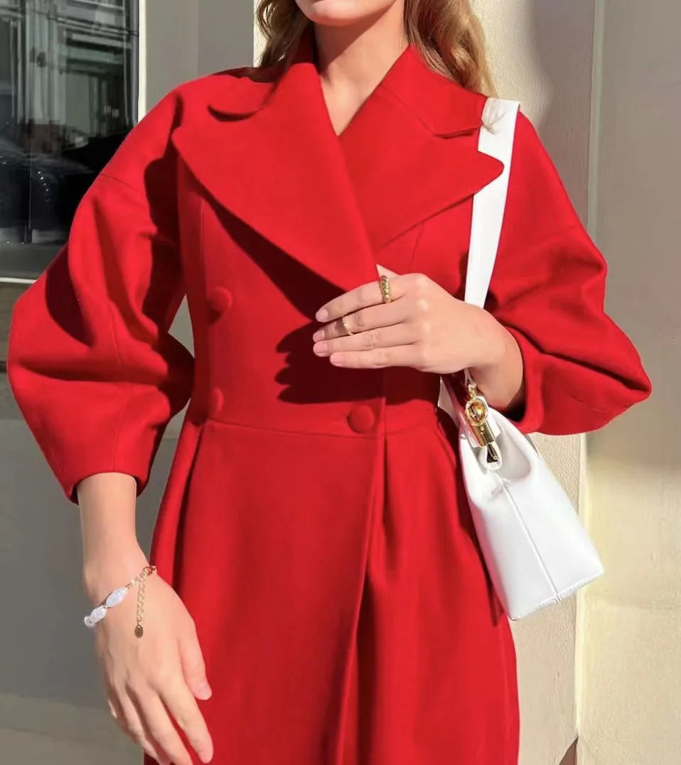Autumn Lantern Sleeve Vintage Court Coat Lapel Double Row Button Office Womens Long Jacket Windbreaker Thick Street 240930