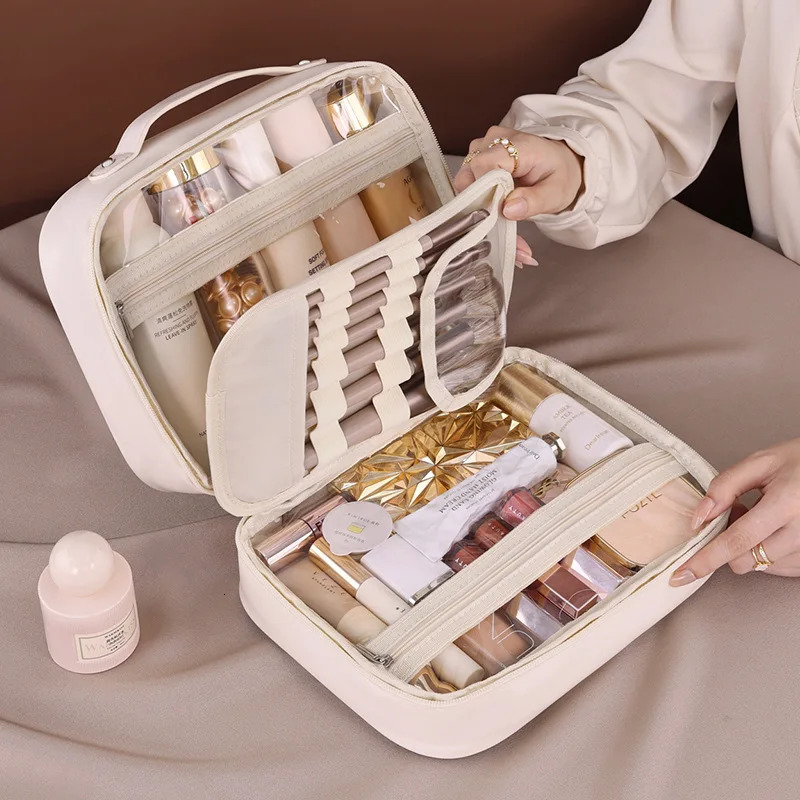 Makeup bag made of PU leather double-layer transparent cosmetic bag large capacity cosmetic organizer essential for womens travel 241008