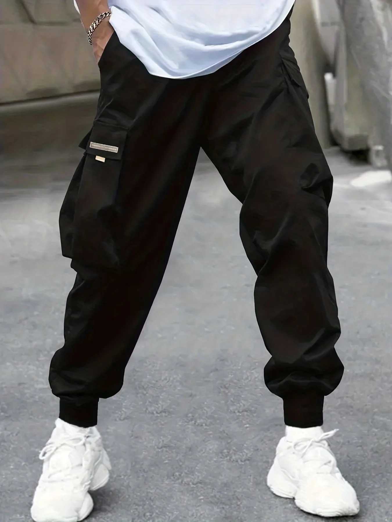 Mens cargo pants casual sports outdoor large pockets lightweight tight fitting tailored pancake 06B W241009