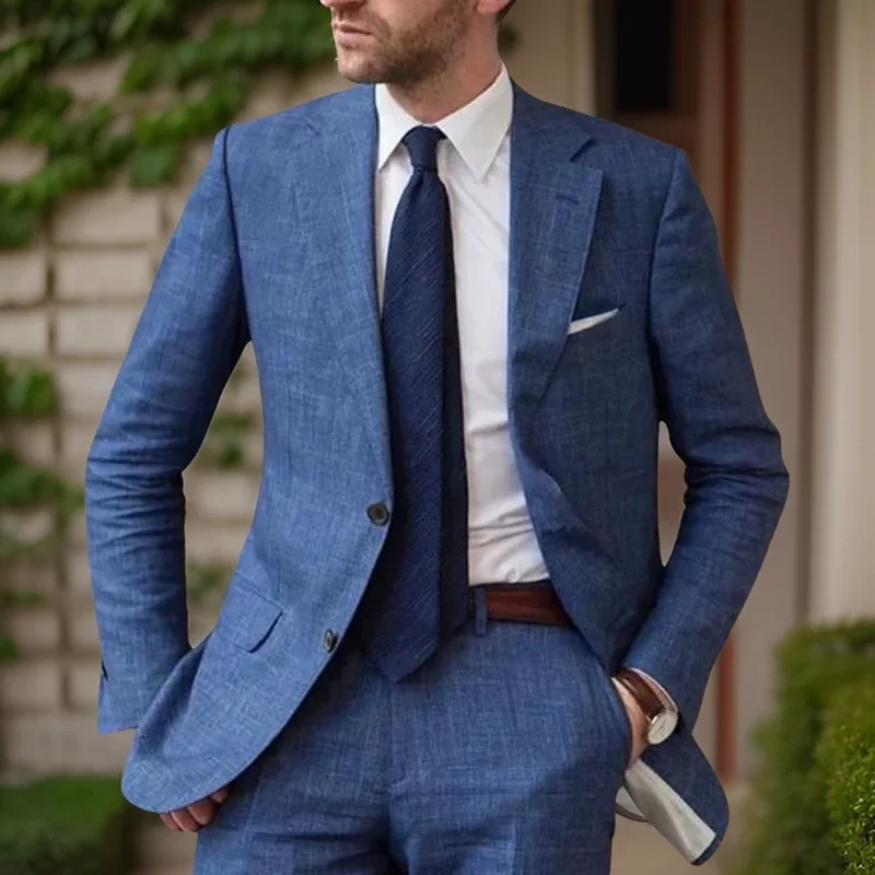 Linen Men Suits for Wedding Slim Fit 2 Pieces Groom Tuxedo Groomsmen Blue Business Custom Fashion Blazer (Jacket+Pants) 2024