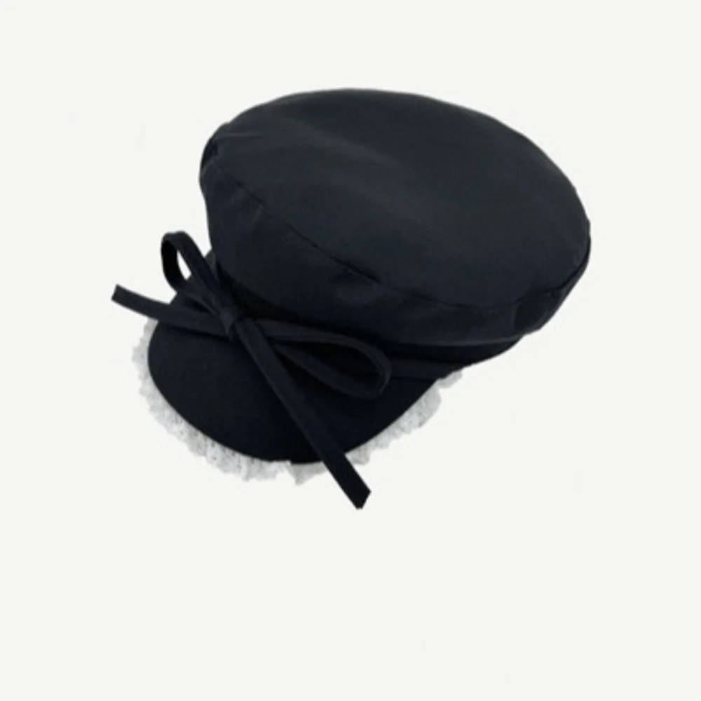 Bow lace trimmed beret showcasing mini facial features sun protection octagonal hat highquality Korean style s boy Versatile 241009
