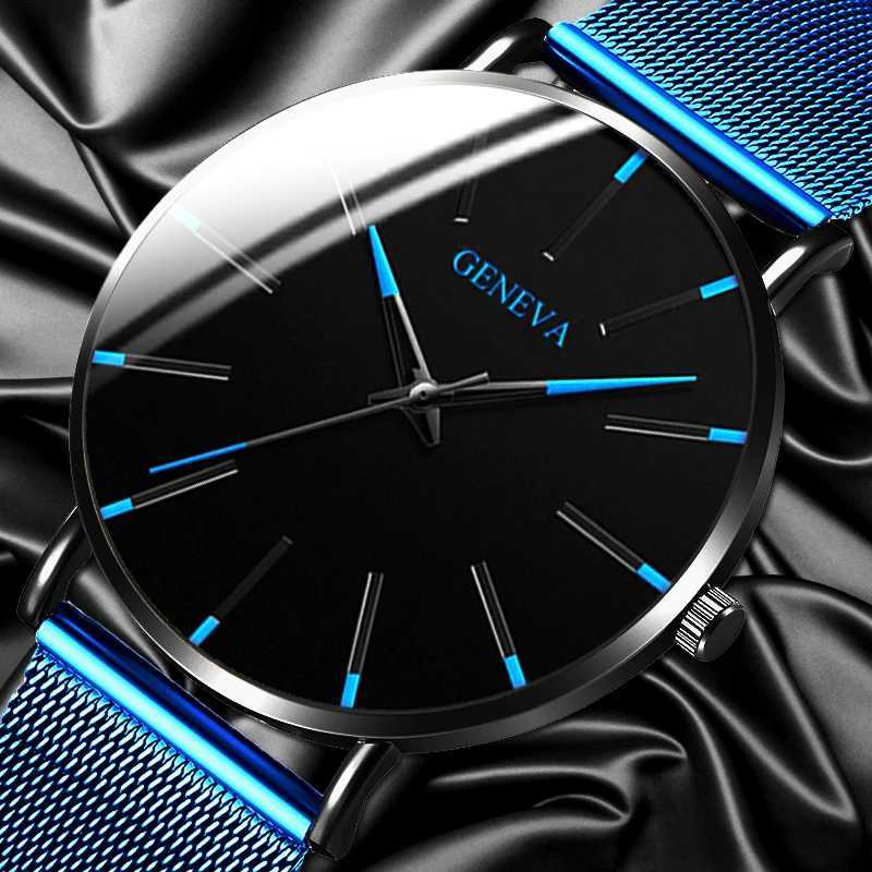 2024 Geneva Minimalist Watch Men Ultra Thin Blue Stainless Steel Mesh Belt Watches Man Business Casual Quartz Wrist WatchX241010