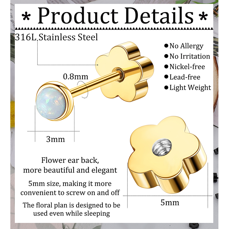 TUPMI 316L Stainless Steel Opal Earrings for Sensitive Skin Handmade Flower Screw Back Opal Stud Earrings 20G 14K Gold Hypoallergenic Nap Earrings for