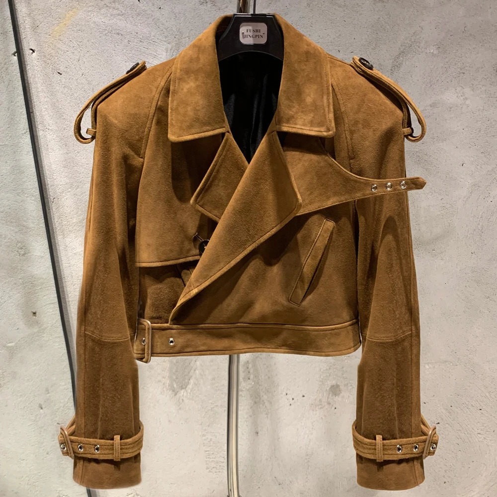 Suede leather jacket womens winter genuine sheepskin coat with wide shoulders and apron 23012 241009