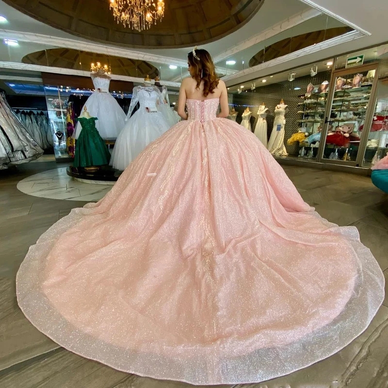 Pink Shiny Off The Shoulder Ball Gown Quinceanera Dresses Sequined Appliques Lace Beads Tull Corset Vestidos De 15 Anos Sweet 16 Dress