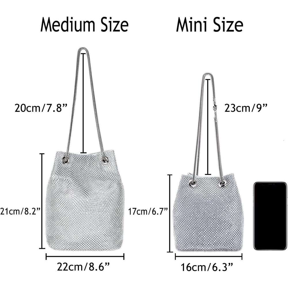 Women Rhies Crystal Clutch Mini Evening Bags Bucket Bag Party Prom Wedding Small Shoulder Cross-body Purses