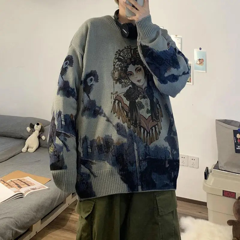 2023 Spring and Autumn Chinese Style Thread Round Neck Printed Loose Casual Versatile Fashion Mens Knitted Pullover Sweater 240930