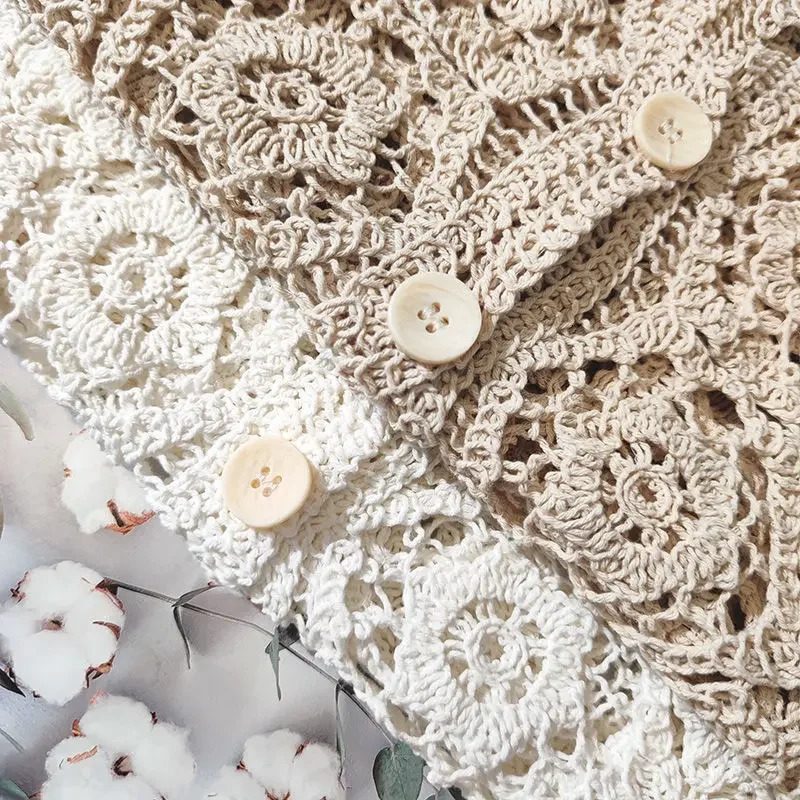 Lace Small Shawl Cotton Cardigan female 2023 spring and summer o neck long sleeve solid casual Versatile Hollow Female 240924