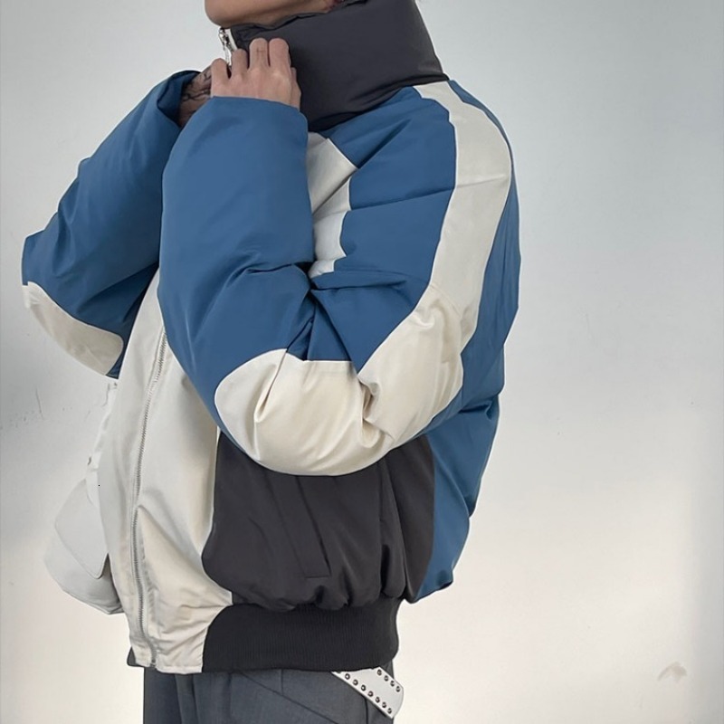 Retro Stand Collar Winter Jacket Men Zip Up Patchwork Cotton-Padded Lightweight Parkas Spring Unisex Loose Autumn Short Outwear