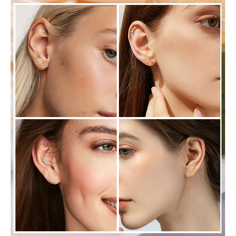 TUPMI 20G Cartilage Earrings for Women 14K Gold Stainless Steel Flat Back Cartilage Stud Earrings for Sensitive Ear Leaf Opal CZ Handmade Helix