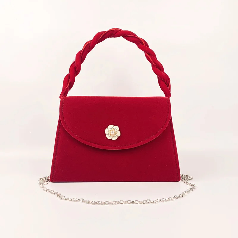 Red retro high-end wedding bag bridal bag camellia handbag fashionable one shoulder cross shaped bag 241008