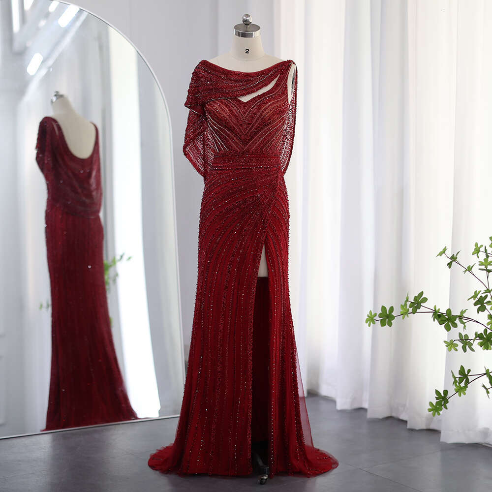 Sharon Said Sier Mermaid Dubai Evening Dress for Women Wedding Party with Cape Heavy Beaded Slit Prom Dresses SS035