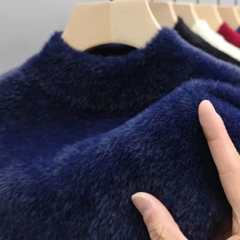 Pullover Men Sweater Soft Warm Long Sleeve Mock Neck Solid Color Fine fleece Thicken Loose Casual Sweaters 240930