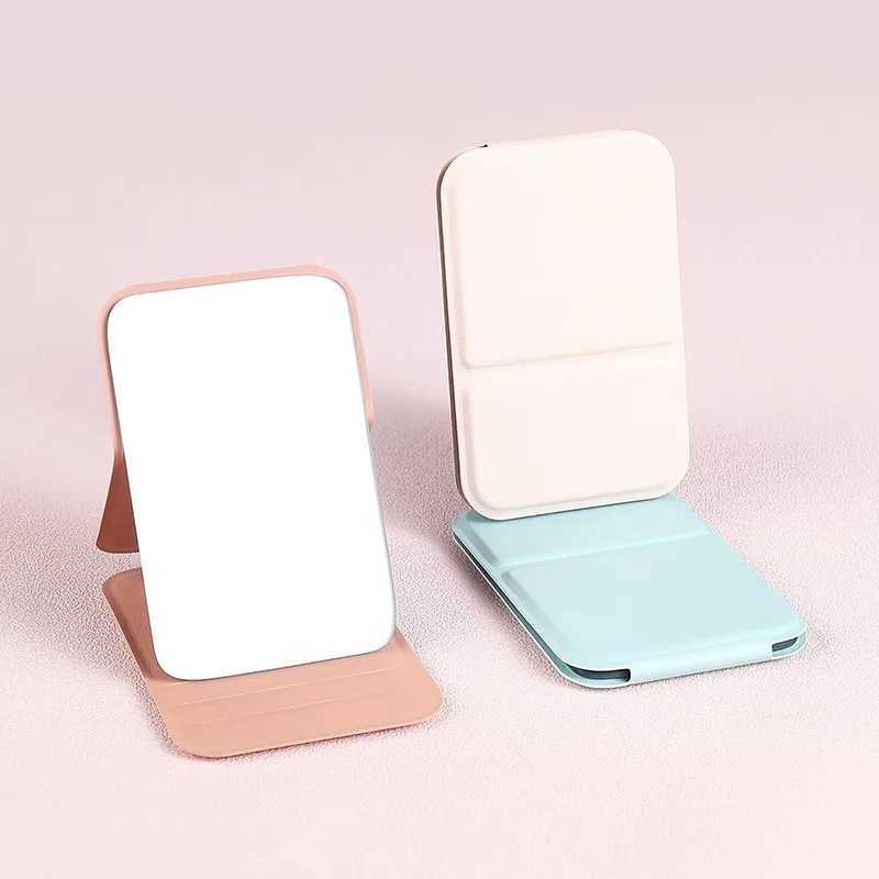 Solid color desktop makeup mirror Pu leather simple portable handheld makeup mirror foldable student compact pocket mirror W240813