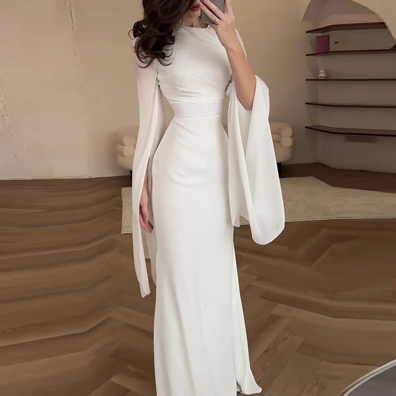 Fashion Satin Solid Robe Dress Ladies Temperament Oneck Slim Evening Elegant Batwing Sleeves High Waist Pleats Long 241009