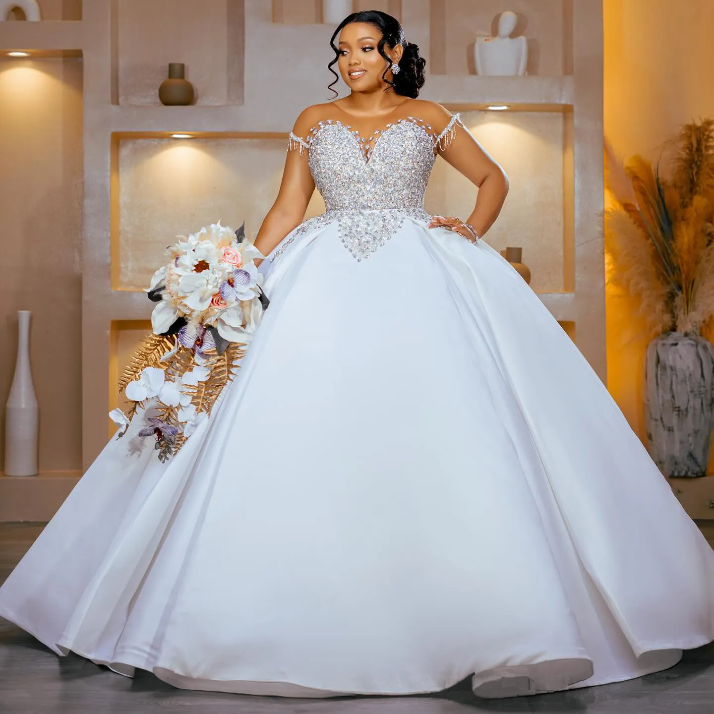 Modest Plus Size Wedding Dresses For Bride Detachable Train Mermaid Ball Gown Sheer Neck Short Sleeves Beaded Bridal Gowns Marriage Women Vestidos de 