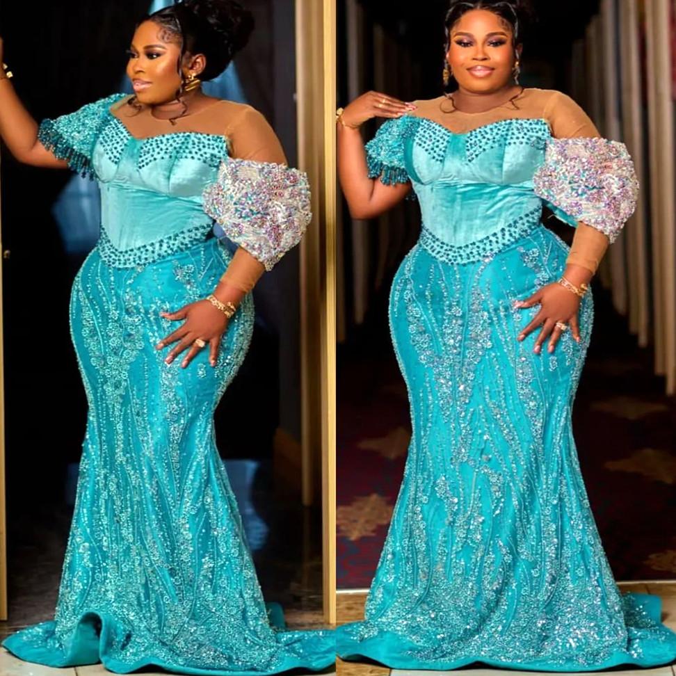 Ebi Aso Blue Mermaid Prom Dresses Rhies Sequined Lace Tassels Evening Formal Party Second Reception Birthday Gowns Dress For Special Ocns ZJ