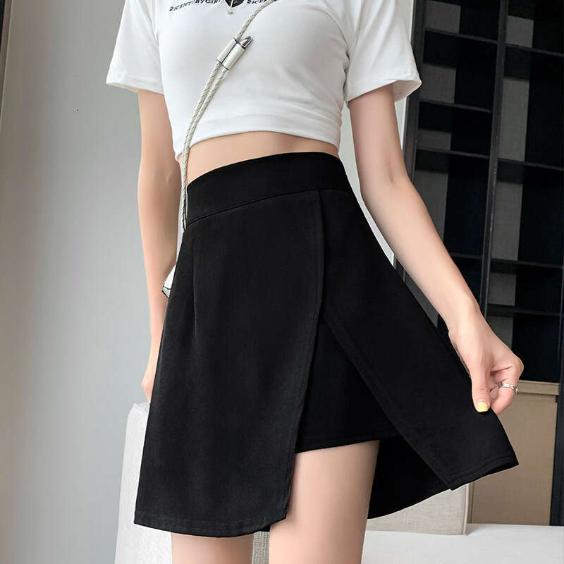 Hip wrap large black A-line high waisted slit summer 2024 new short irregular half skirt for women