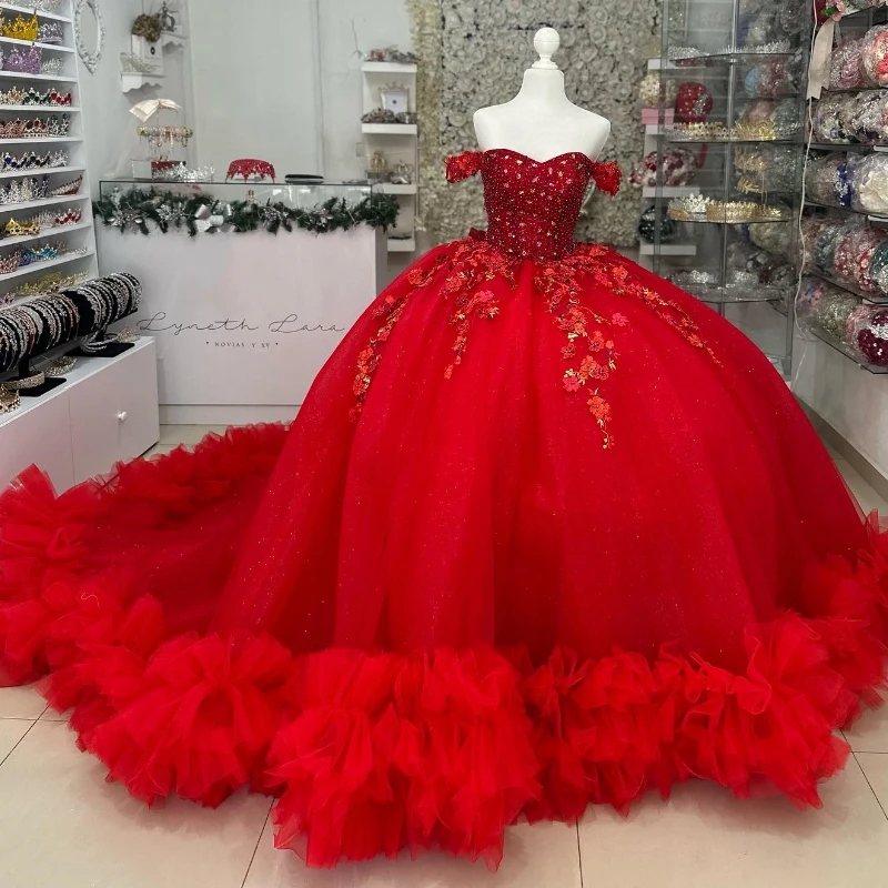 Luxury Red Quinceanera Dresses Sweetheart Ball Gown Applique Lace Beads Crystal Tull Tiered Sweep Train Party Dress Vestidos De 15 Anos