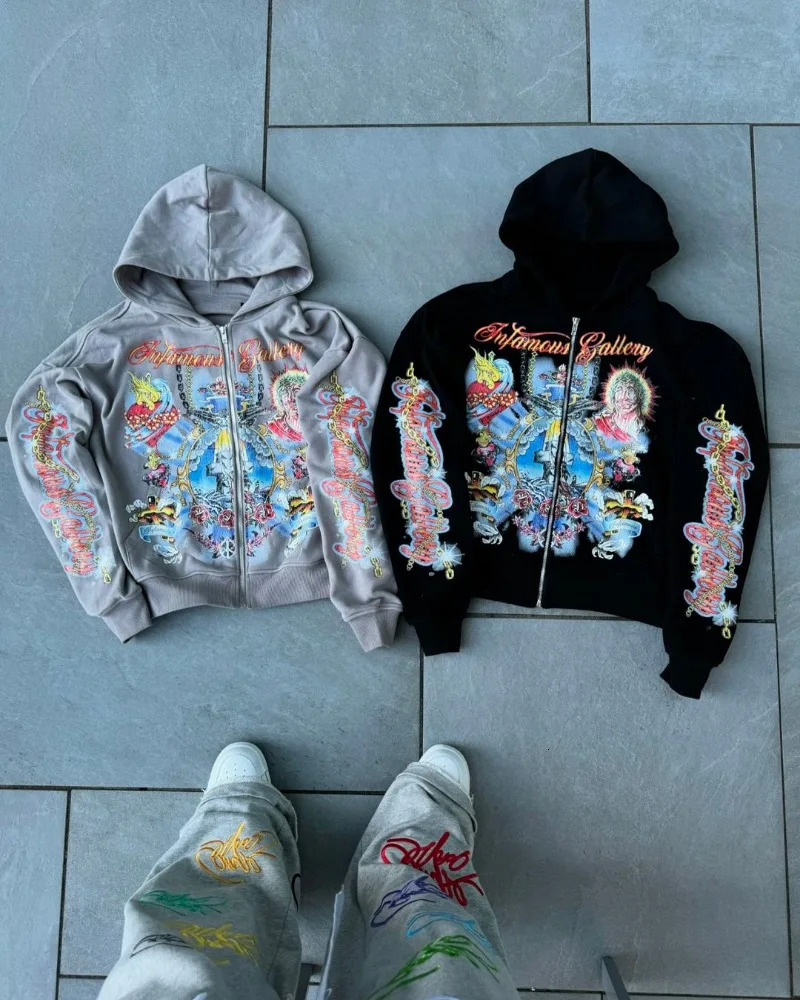 Harajuku Street Fashion Trend Cartoon Printed Zipper Hoodie for Women Y2k Hip Hop Rock Casual Edition Super Large Sports Shirt Men 241007