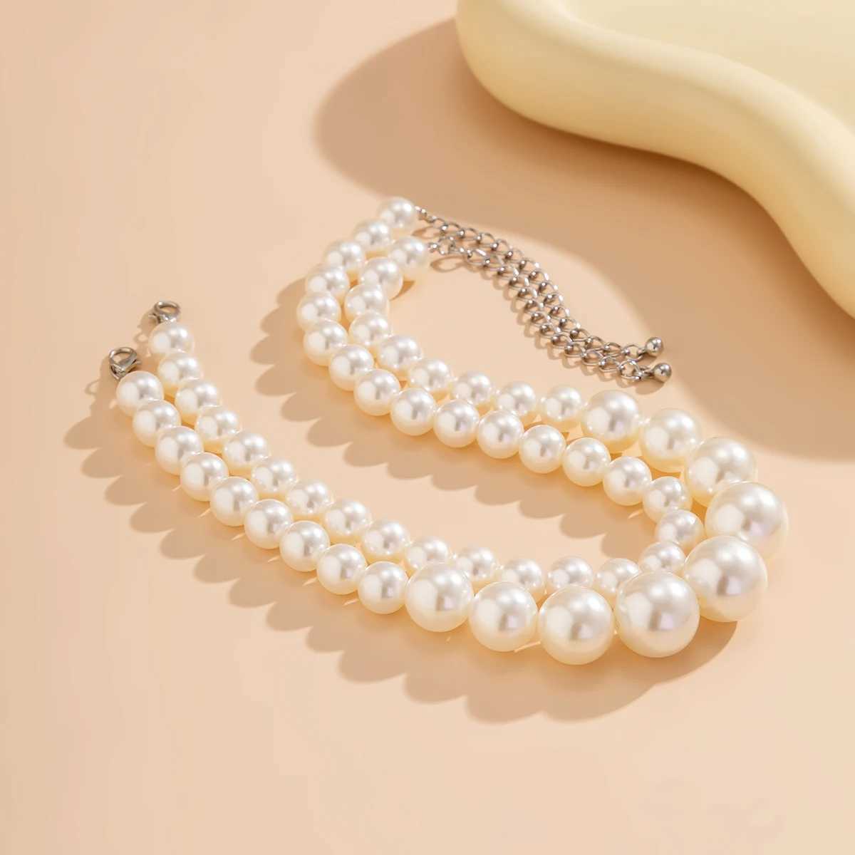 2Pcs/Set Luxury Elegant Big Imitation Pearl Choker Necklace for Women Exaggerated Multilayer Beaded Collar Chain Wedding JewelryX241009