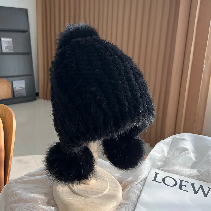 Winter selling womens real mink fur hat knitted ear warm spiral bean with fox fluffy top 241009