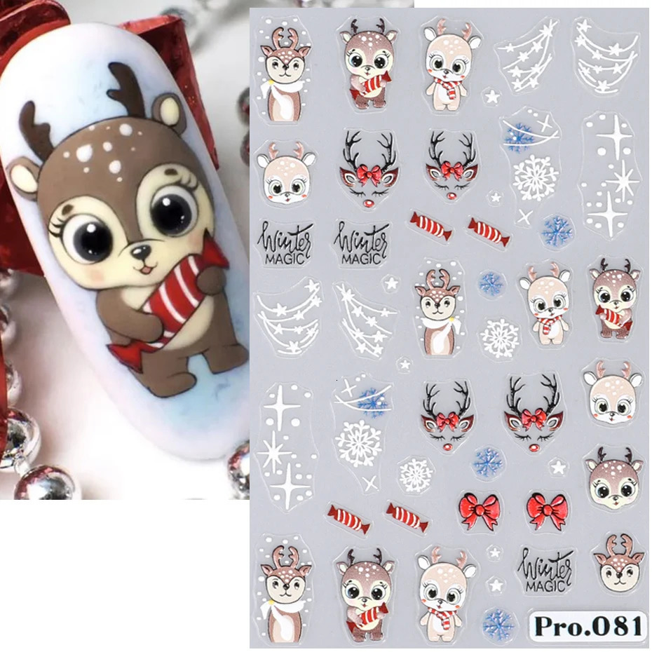Cute Deer Christmas Nail Stickers 5D Embossed Elk Stars Gingerbread People Snowflake Santa Claus Holly DIY Winter Carving Handicrafts 241008