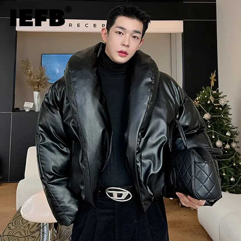 Men's Down Parkas IEFB American style mens PU leather down jacket solid color new trend mens park niche design cotton coat 2024 winter 9C4005 Y24